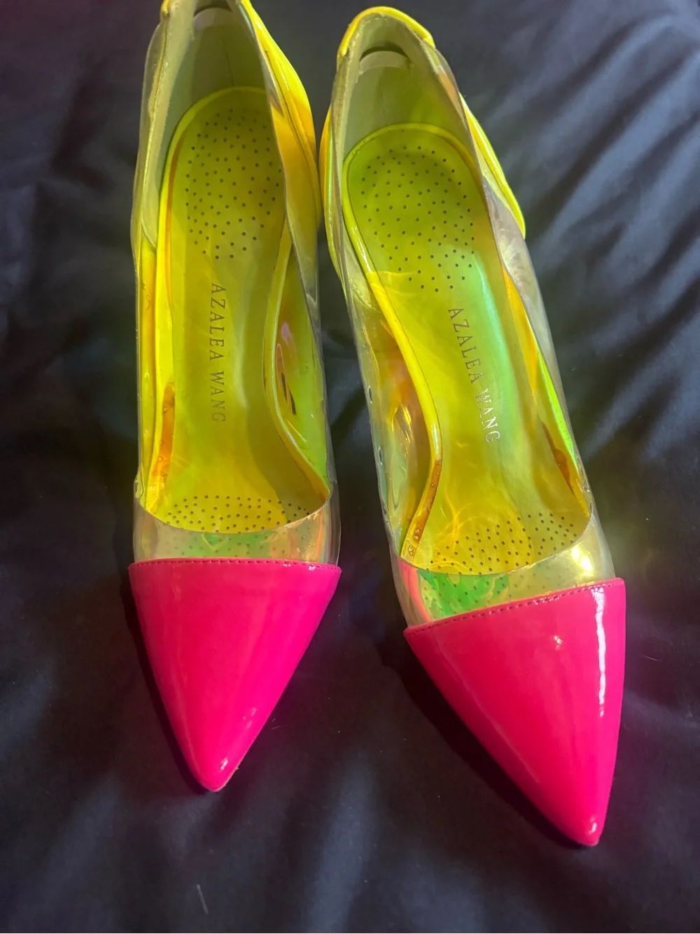 Azalea Wang Women’s Neon Pink Pointed Clear Pumps